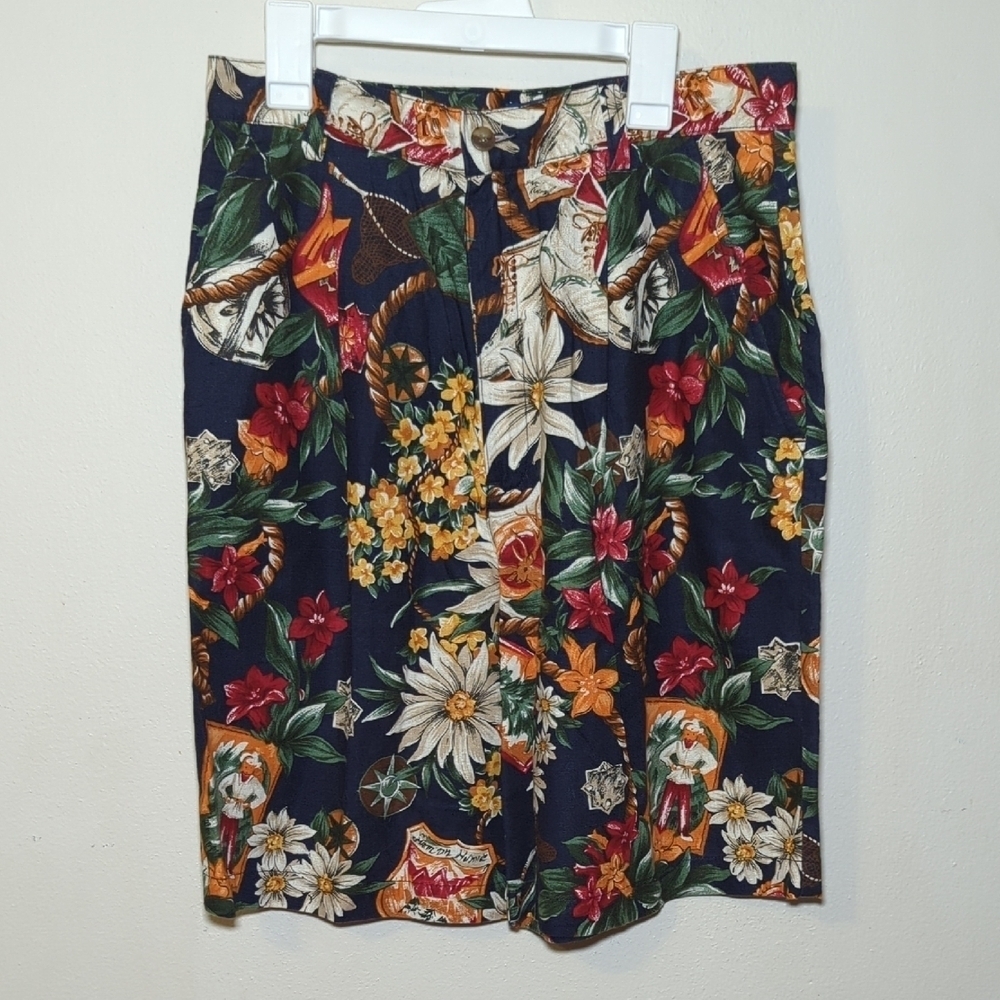 Ruff Hewn Navy Floral Linen-Blend Bermuda Shorts Pleated Vintage Women Size 8